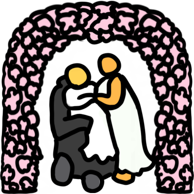 a yellow figure in a powerchair and orange figure standing, both wearing white flowy dresses, facing each other, and holding hands. they are under an arch of pale pink flowers.